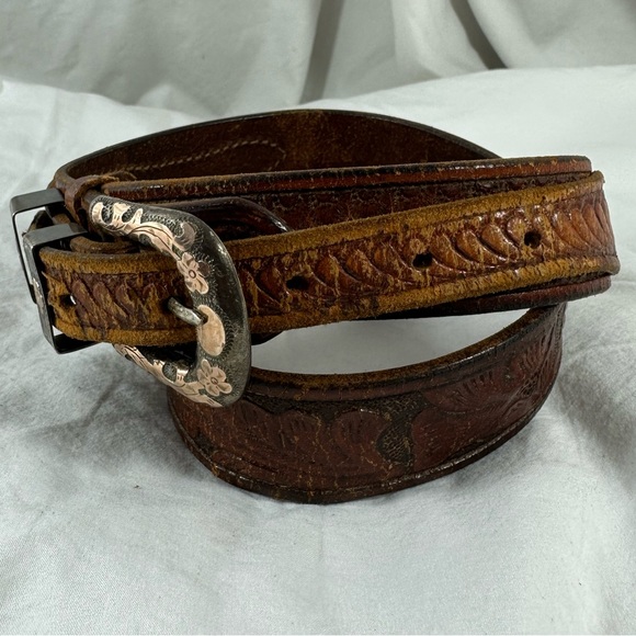 Vintage 4 piece sterling tan western tooled leather belt small - Picture 5 of 13